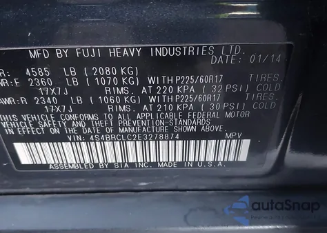 2014 Subaru Outback 2.5I Limited from USA, damaged, VIN 4S4BRCLC2E3278874